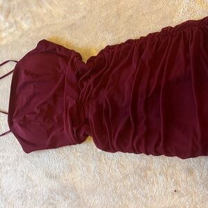Spaghetti-Strap Burgundy Mini Dress with Ruched Skirt